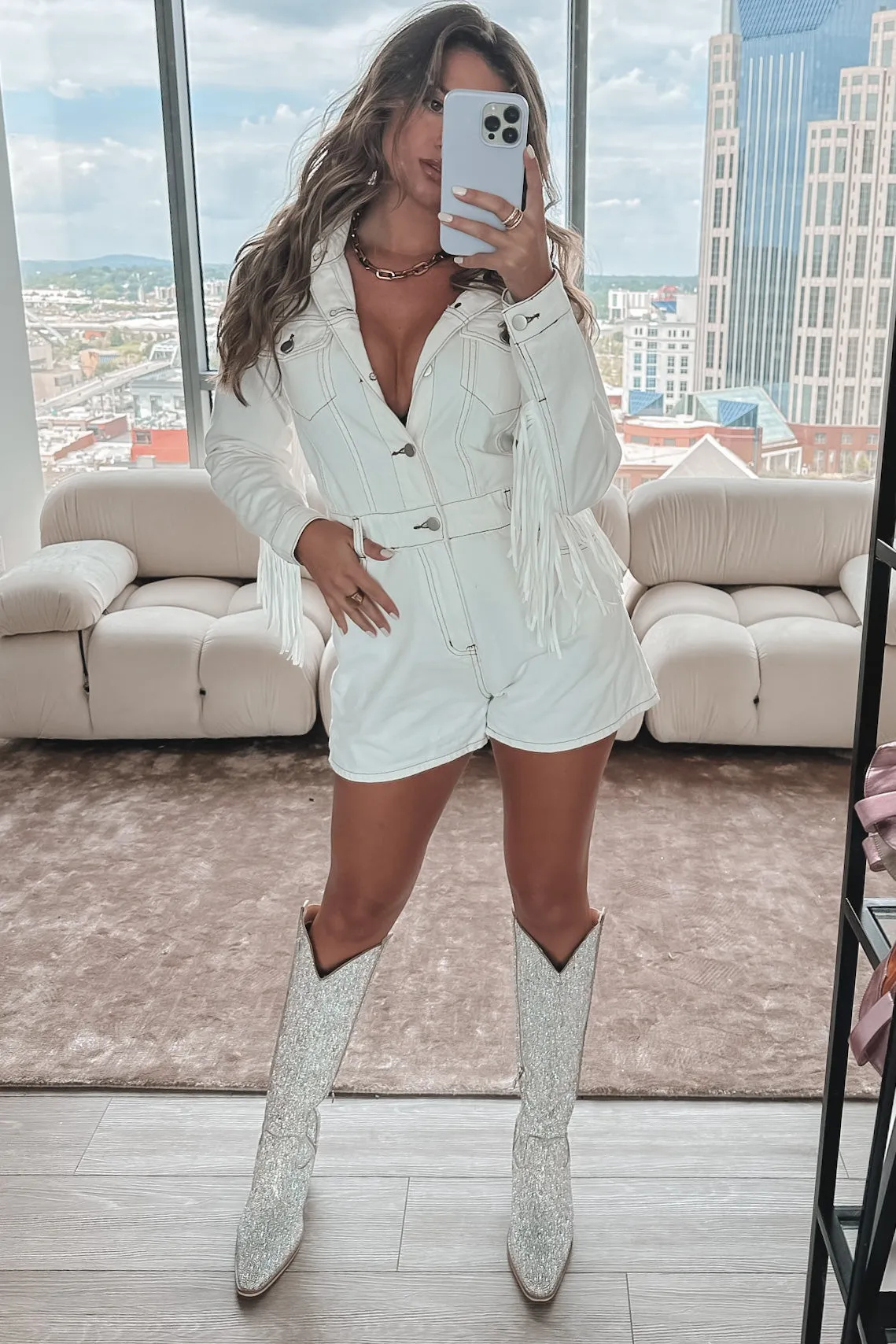 A Match Made In Heaven White Denim Fringe Romper