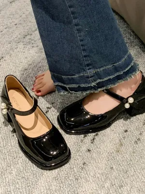 Advbridge -  Vintage France Mary Janes Shoes Women Korean Casual Square Heel Shoes Female String Bead Temperament Leisure Shoes Summer