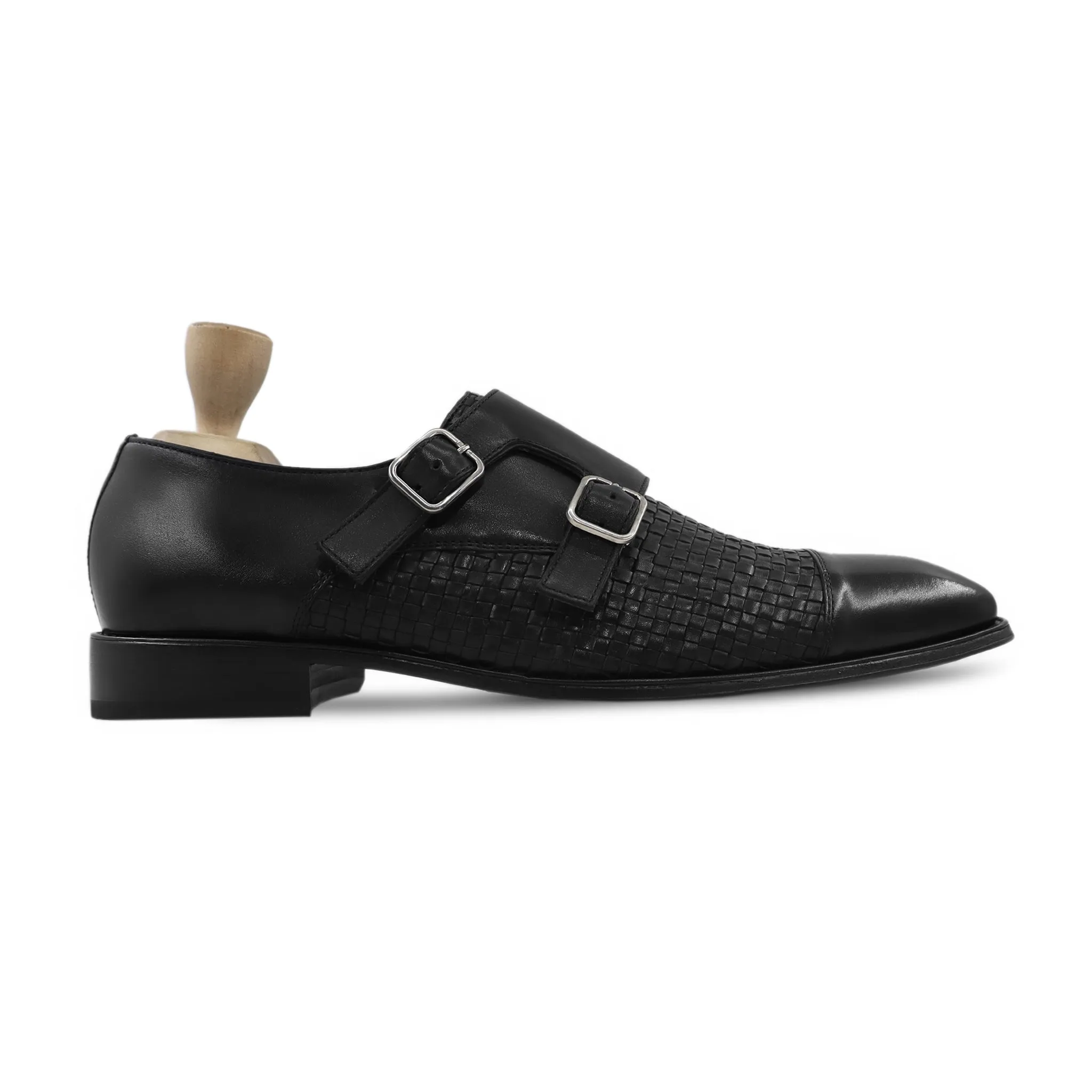 Alingsas - Men's Black Hand Woven Calf Leather Double Monkstrap