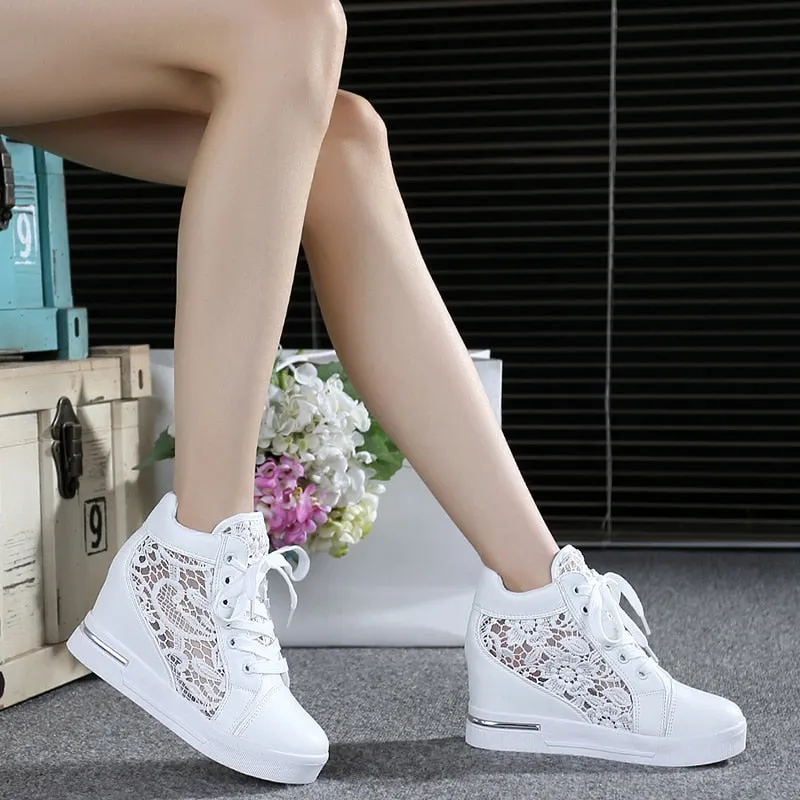 Amozae  Summer Women Lace Casual Shoes Woman Breathable Mesh Sneakers Flats Lace Loafers High Heels Platform Wedges Ladies Creepers