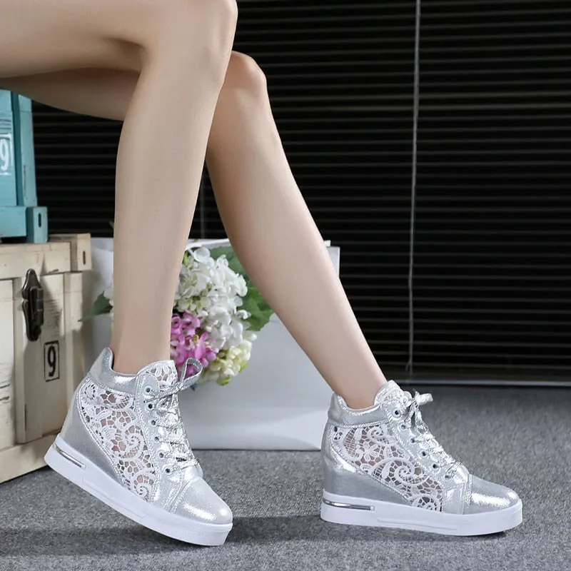 Amozae  Summer Women Lace Casual Shoes Woman Breathable Mesh Sneakers Flats Lace Loafers High Heels Platform Wedges Ladies Creepers