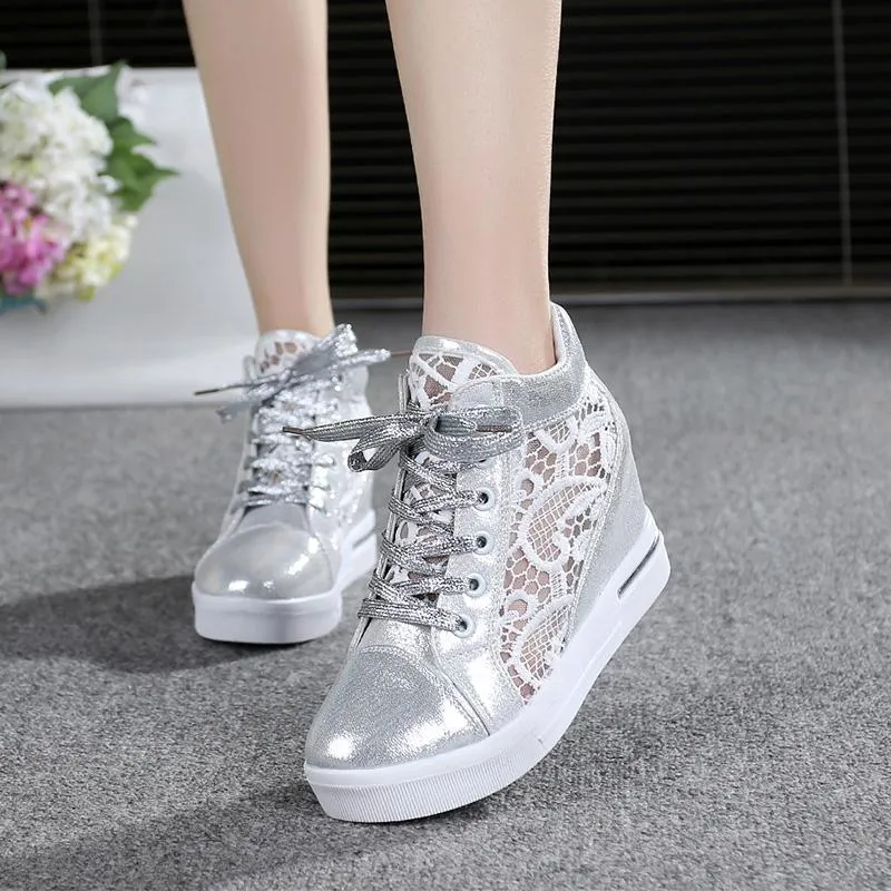 Amozae  Summer Women Lace Casual Shoes Woman Breathable Mesh Sneakers Flats Lace Loafers High Heels Platform Wedges Ladies Creepers