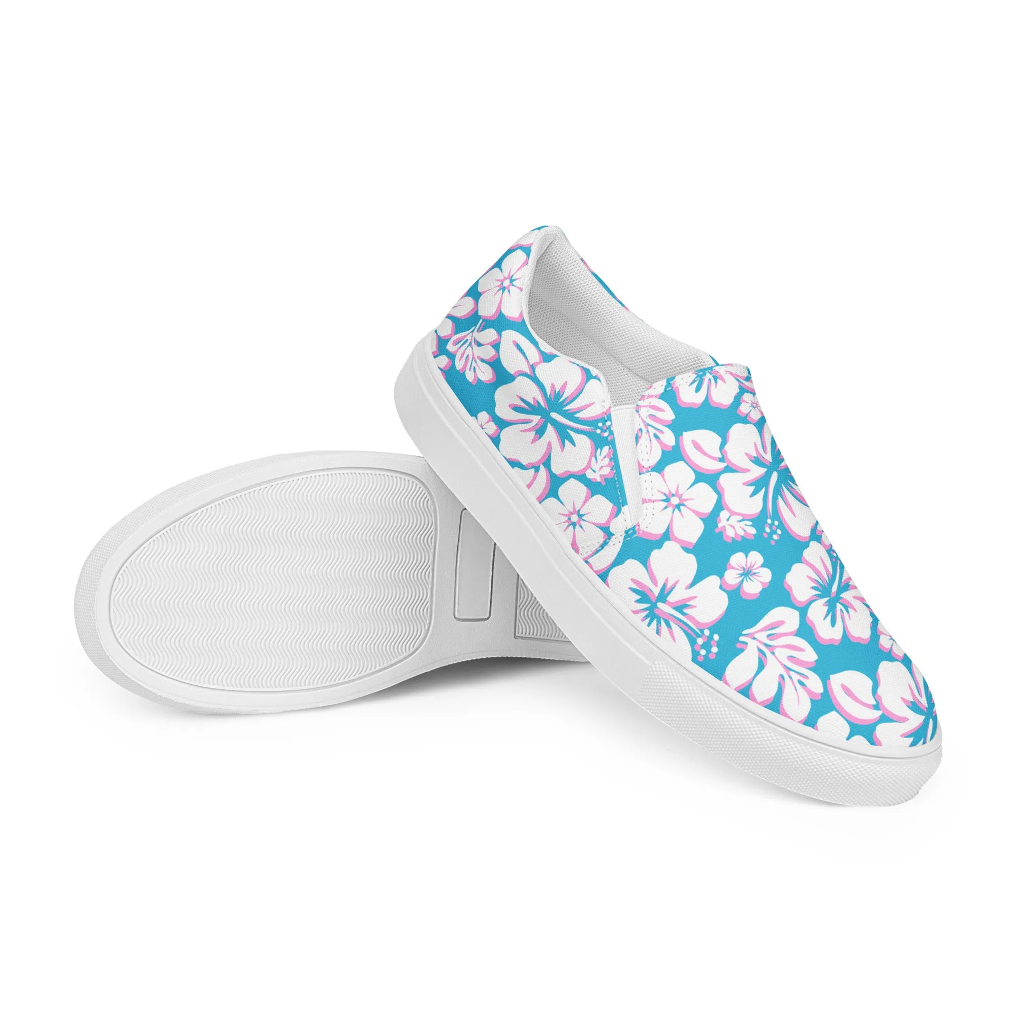 Aqua Blue, Pink and White Hawaiian Flowers Men’s Slip On Canvas Shoes