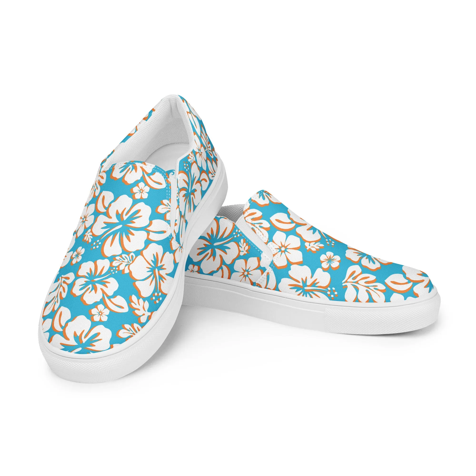 Aqua, Orange and White Hawaiian Flowers Women's Slip On Canvas Shoes