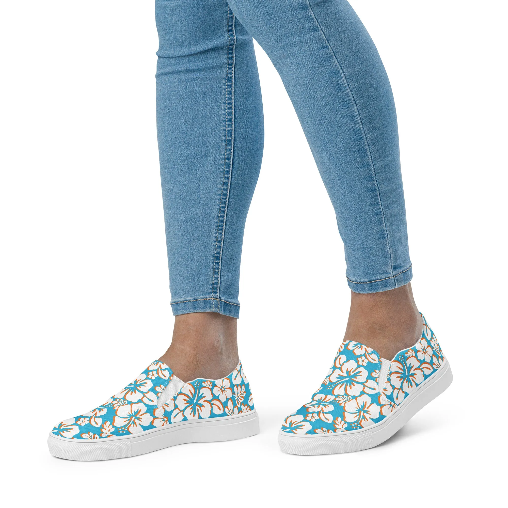 Aqua, Orange and White Hawaiian Flowers Women's Slip On Canvas Shoes