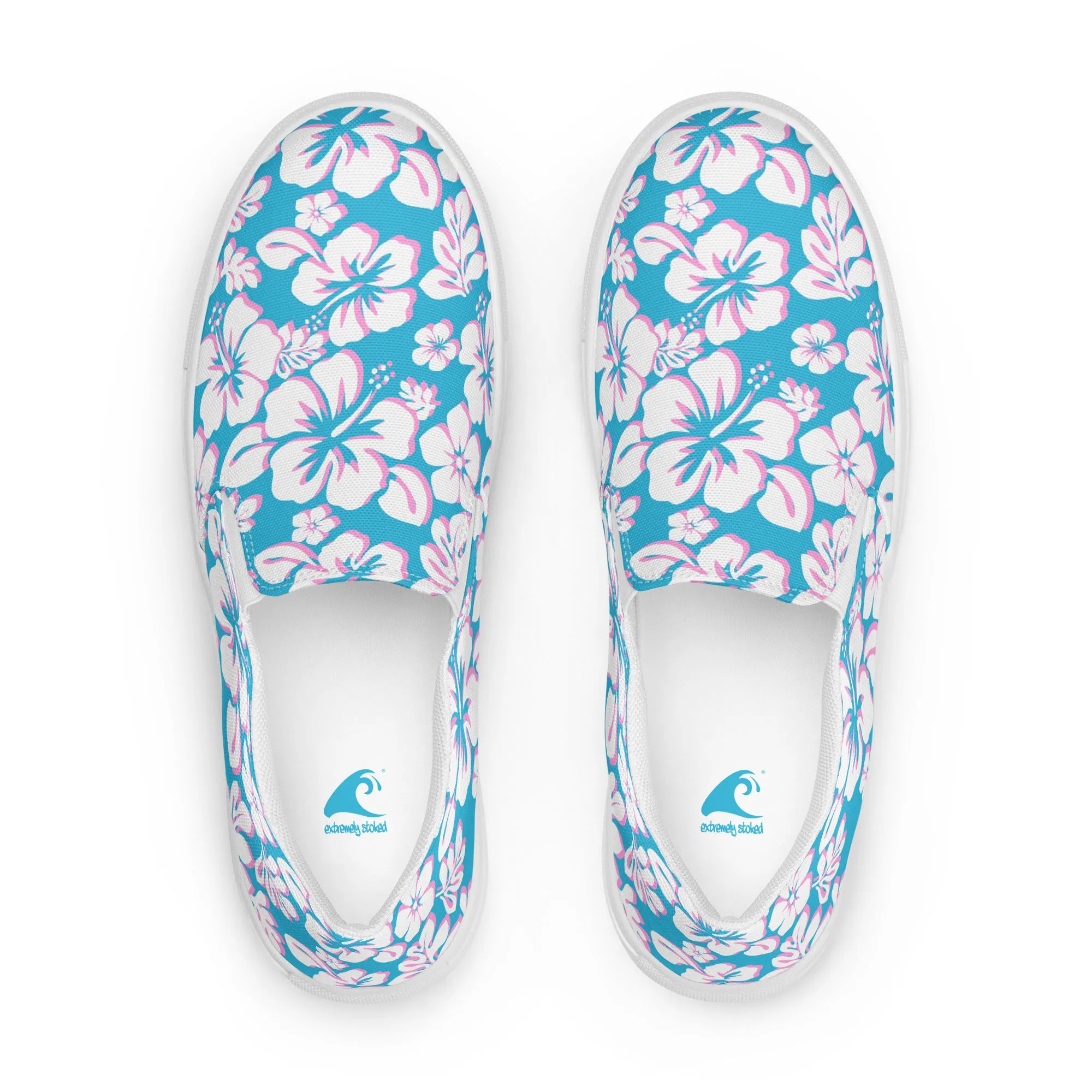 Aqua, Pink and White Hawaiian Flowers Women's Slip On Canvas Shoes