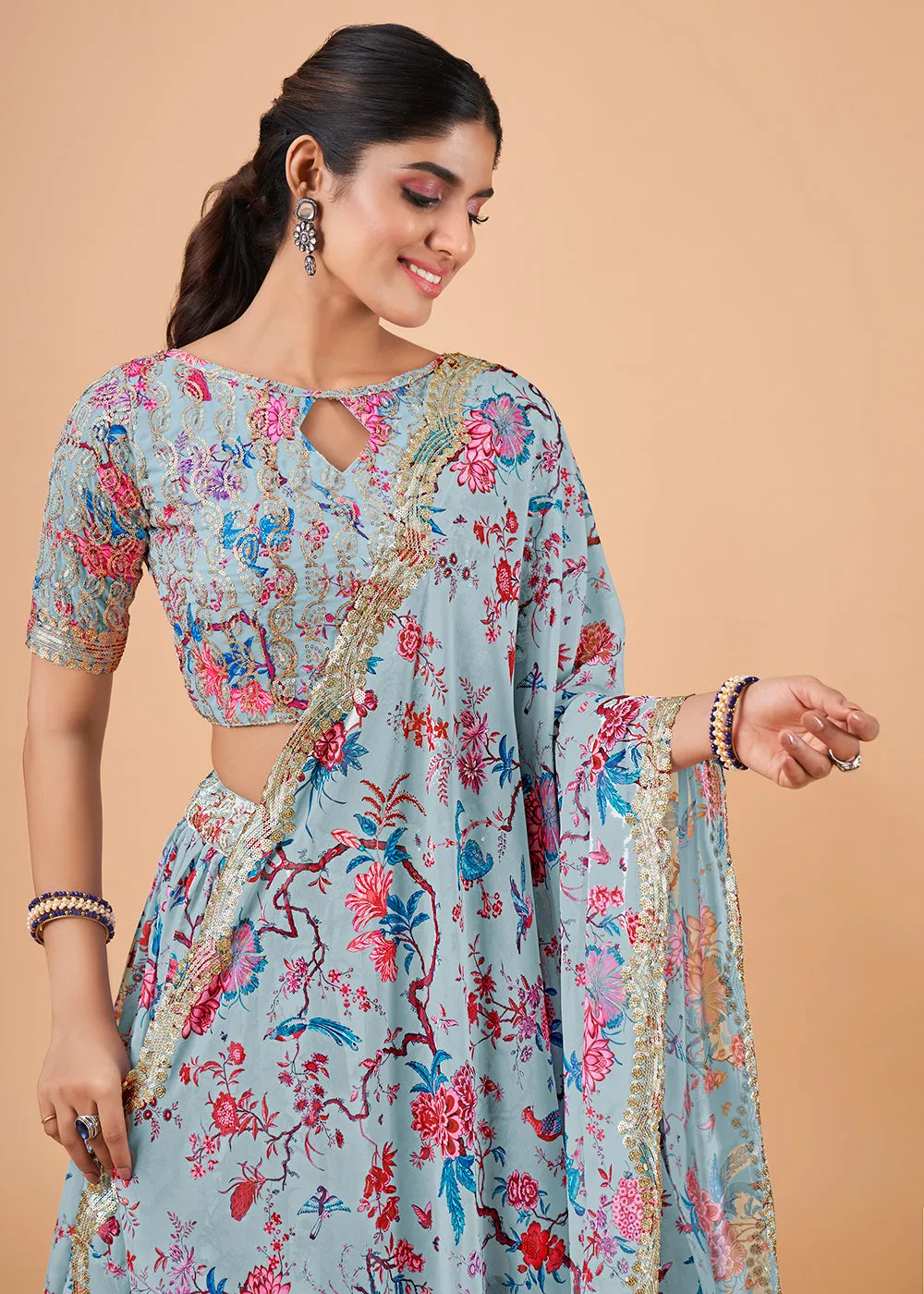 Aristocratic Sky Blue Floral Printed Georgette Lehenga Choli