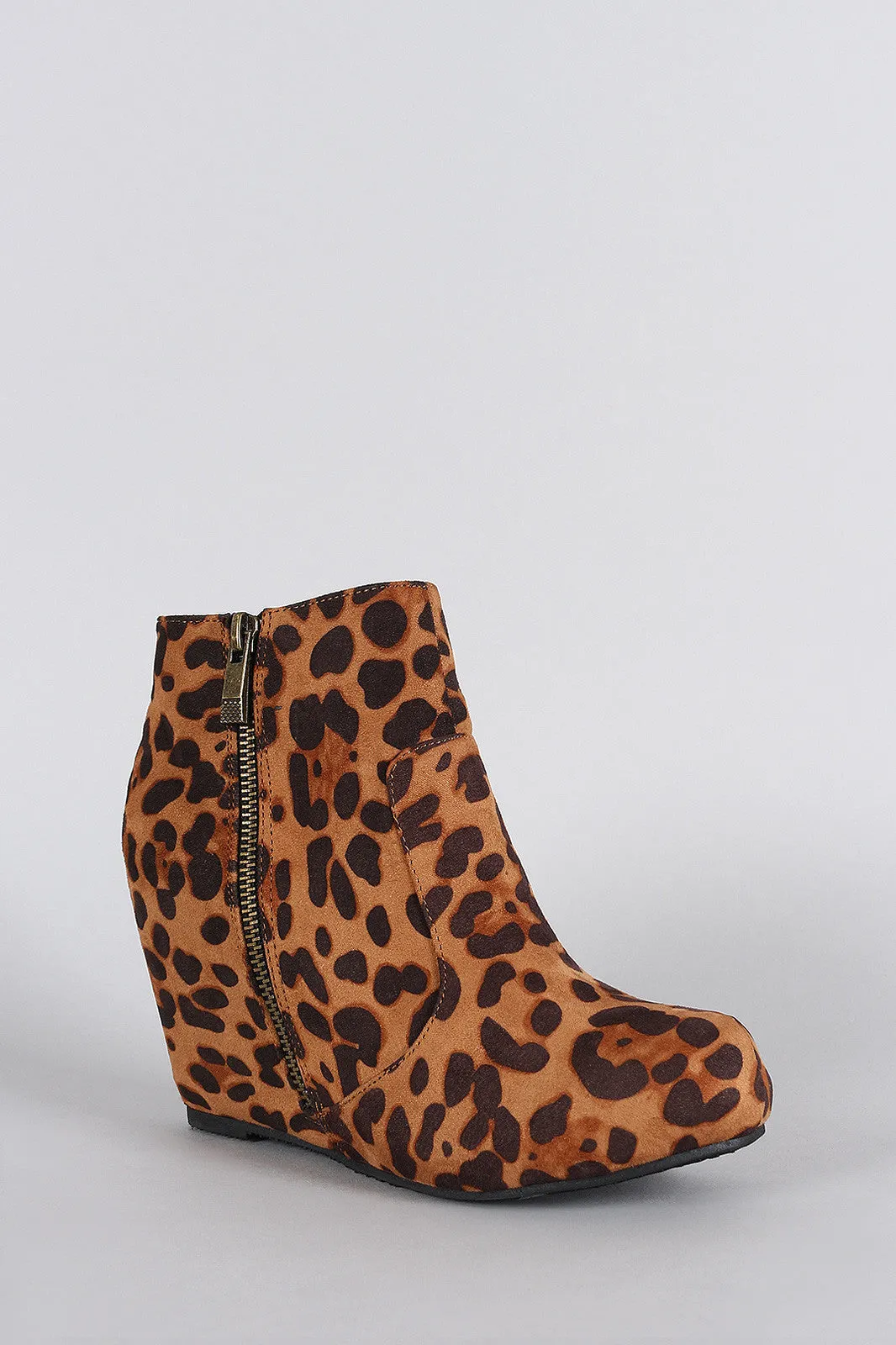 Bamboo Leopard Round Toe Wedged Booties