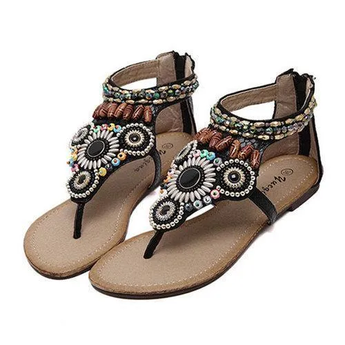 Beaded Bohemia Rhinestone Clip Toe Zipper Flat Sandals