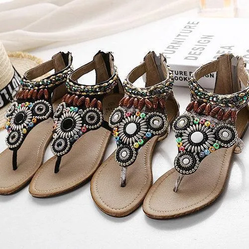 Beaded Bohemia Rhinestone Clip Toe Zipper Flat Sandals