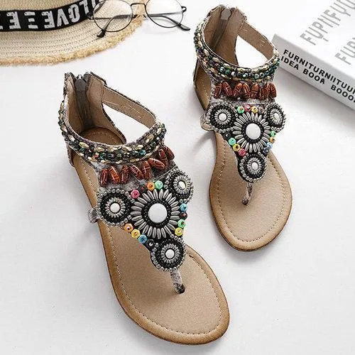 Beaded Bohemia Rhinestone Clip Toe Zipper Flat Sandals