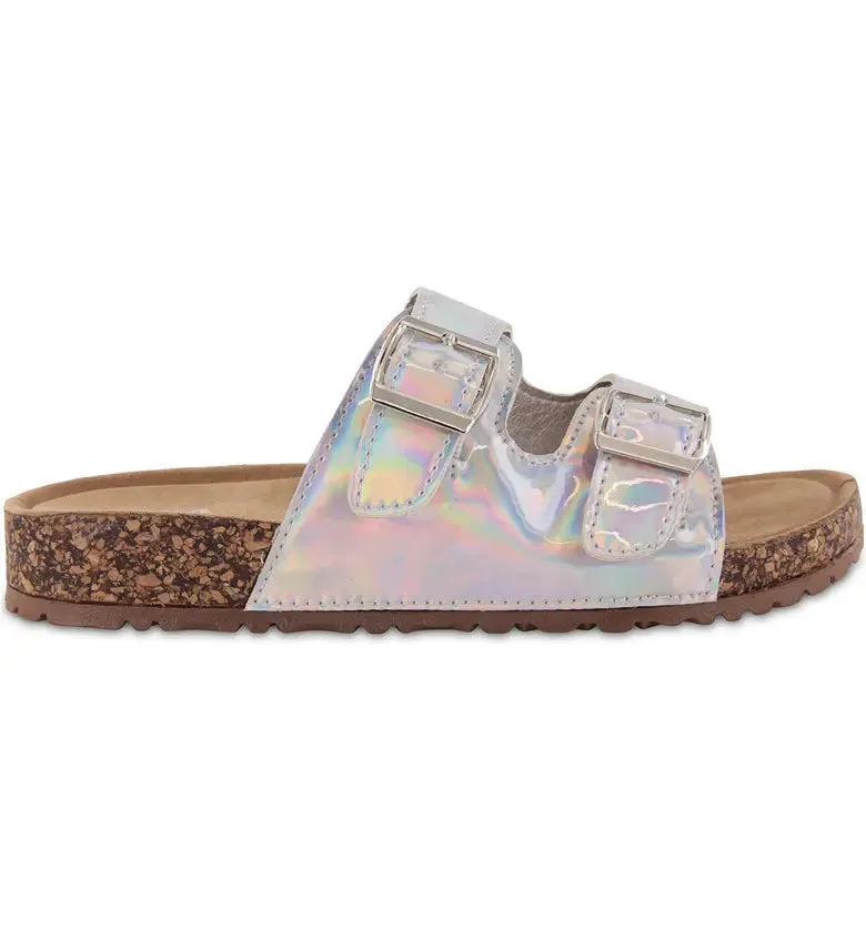 Belky Girls Silver Iridescent Double Buckle Slide Sandal - Select Size