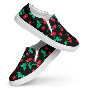 Black Coffee Cherry Girl Print Women’s Canvas Slip-On Deck Shoes | Pinup Couture Relaxed