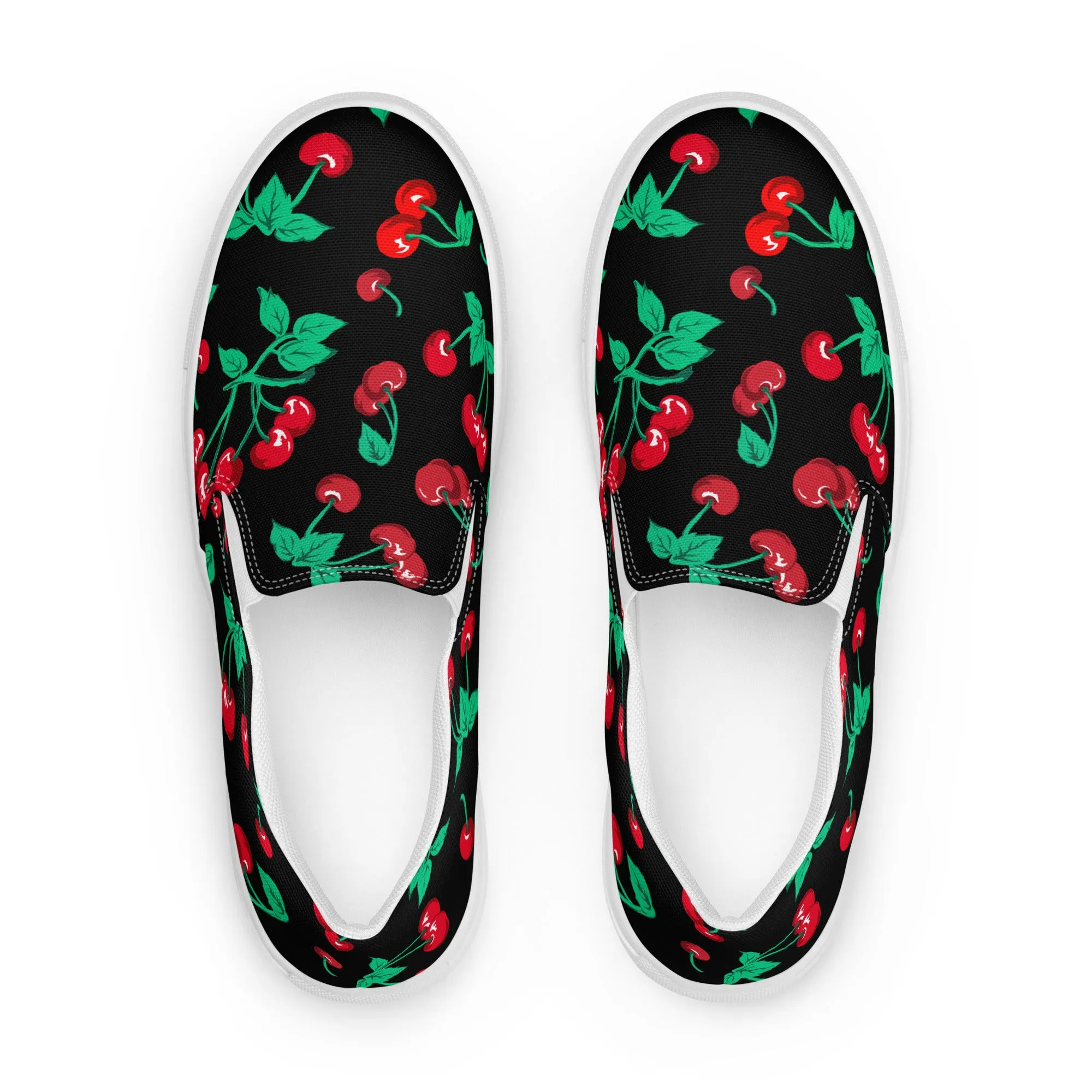 Black Coffee Cherry Girl Print Women’s Canvas Slip-On Deck Shoes | Pinup Couture Relaxed