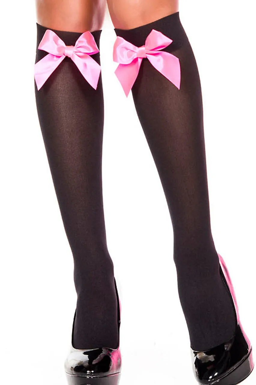 Black Knee High Stockings w- Hot Pink Bow