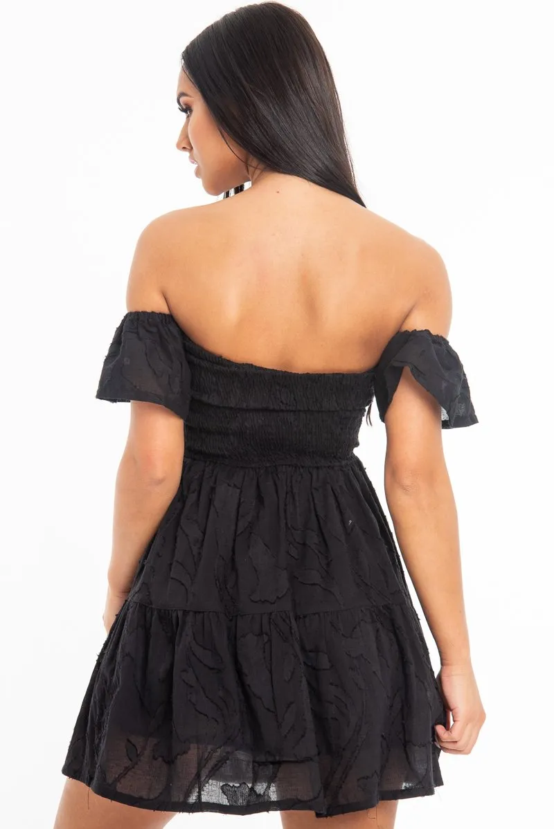 Black Shirred Bardot Tiered Textured Mini Dress - Emma