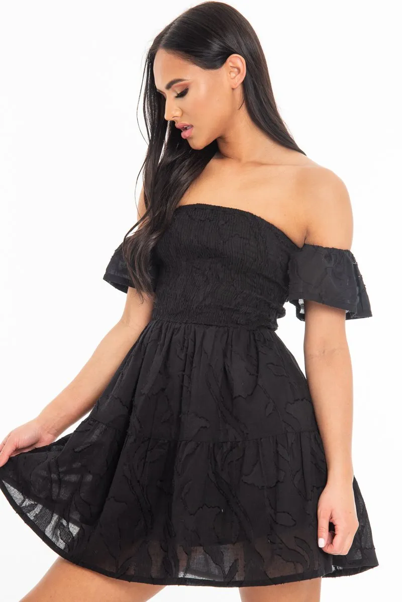 Black Shirred Bardot Tiered Textured Mini Dress - Emma