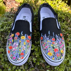 Black Slip On Shoes with Bohemian Inspired Wild Flowers on BLVD Original Slip On Shoes for Men and Women