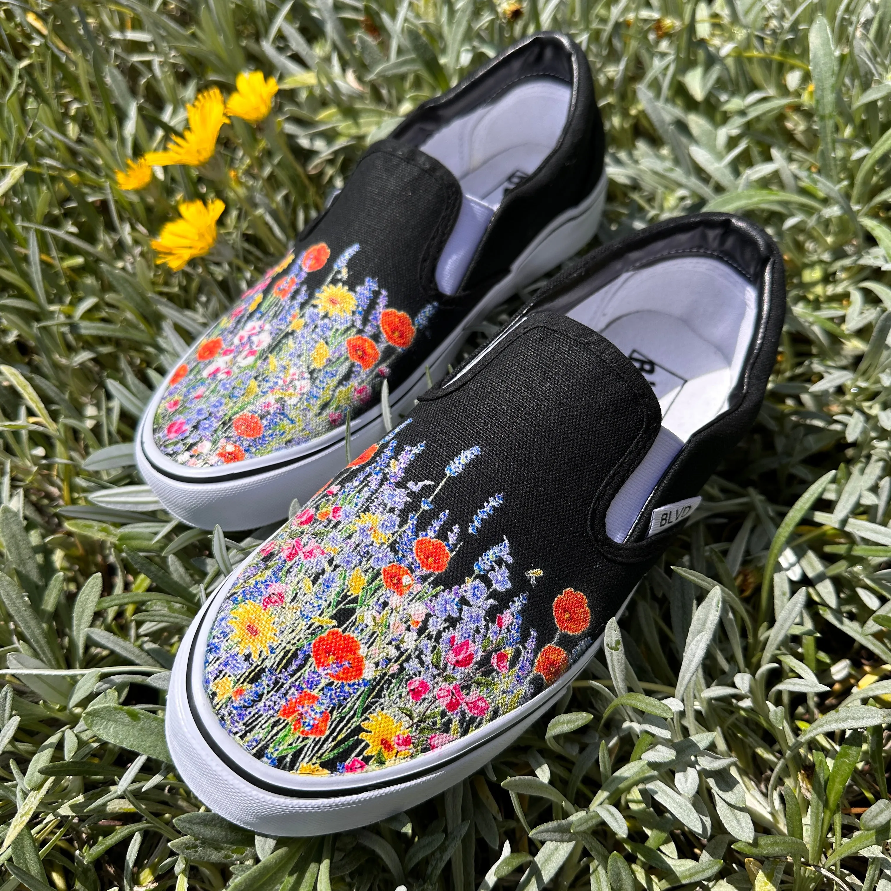 Black Slip On Shoes with Bohemian Inspired Wild Flowers on BLVD Original Slip On Shoes for Men and Women