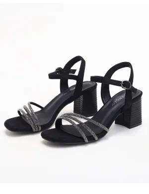 Black Strapless Chunky Heel Sandals With Diamonds For Women