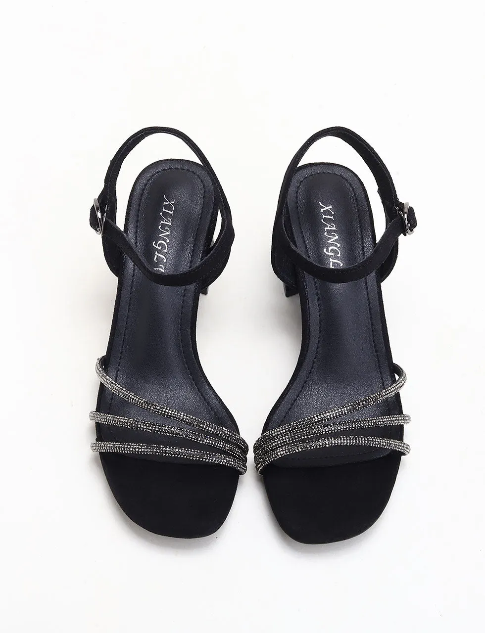 Black Strapless Chunky Heel Sandals With Diamonds For Women