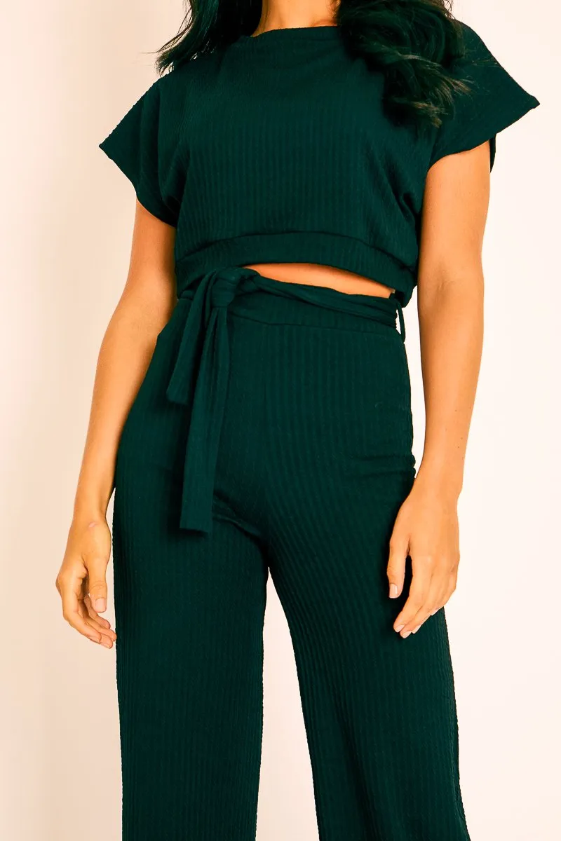 Black Wide Leg Ribbed Crop Top Loungewear Co-ord - Cesilia