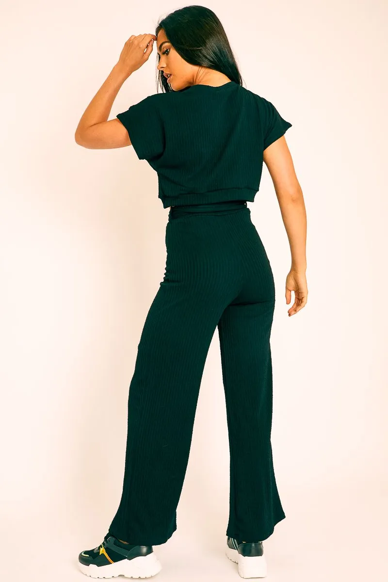 Black Wide Leg Ribbed Crop Top Loungewear Co-ord - Cesilia