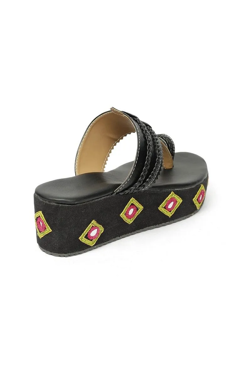 Black Yellow Kutch Work Cruelty Free Leather Wedges