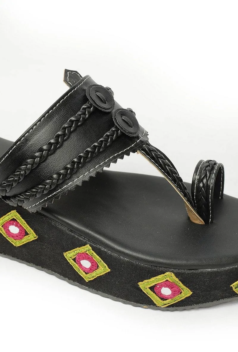 Black Yellow Kutch Work Cruelty Free Leather Wedges