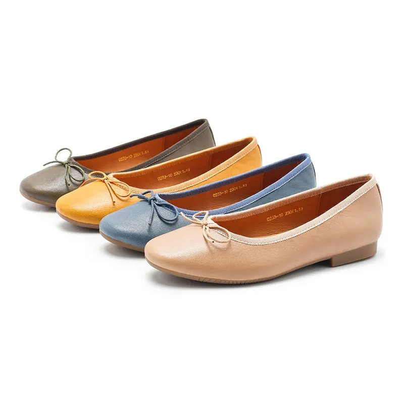 Bow-Detail Round Toe Sheepskin Ballerina Shoes 12 colors