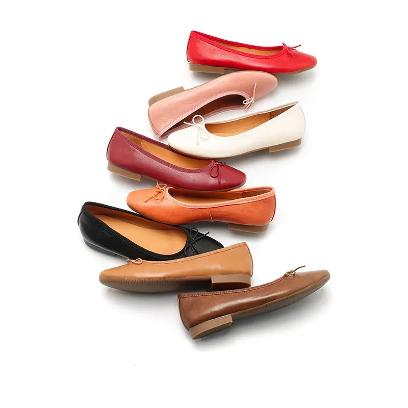 Bow-Detail Round Toe Sheepskin Ballerina Shoes 12 colors