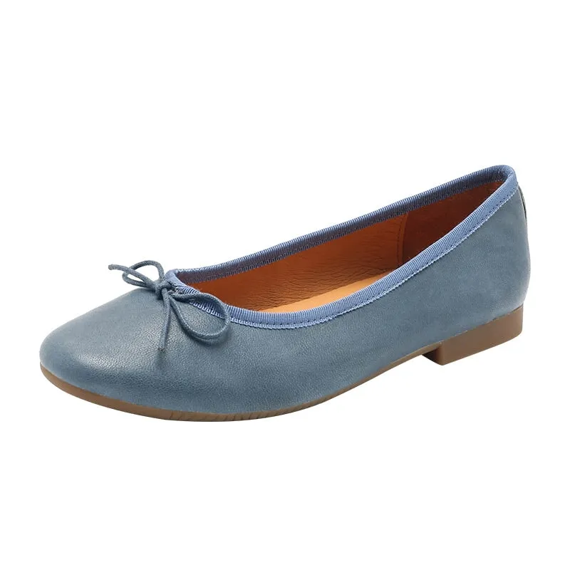 Bow-Detail Round Toe Sheepskin Ballerina Shoes 12 colors