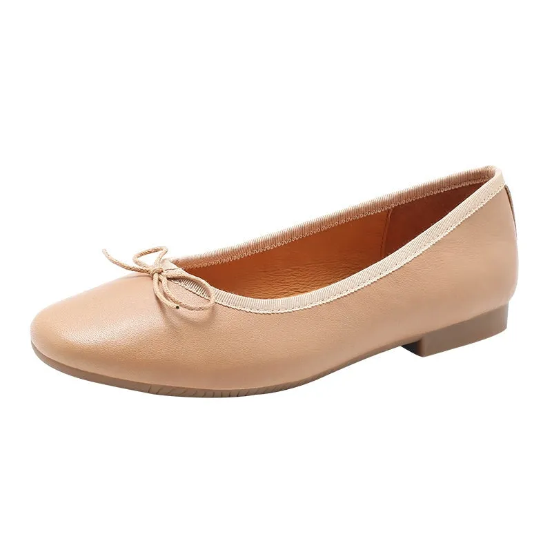 Bow-Detail Round Toe Sheepskin Ballerina Shoes 12 colors