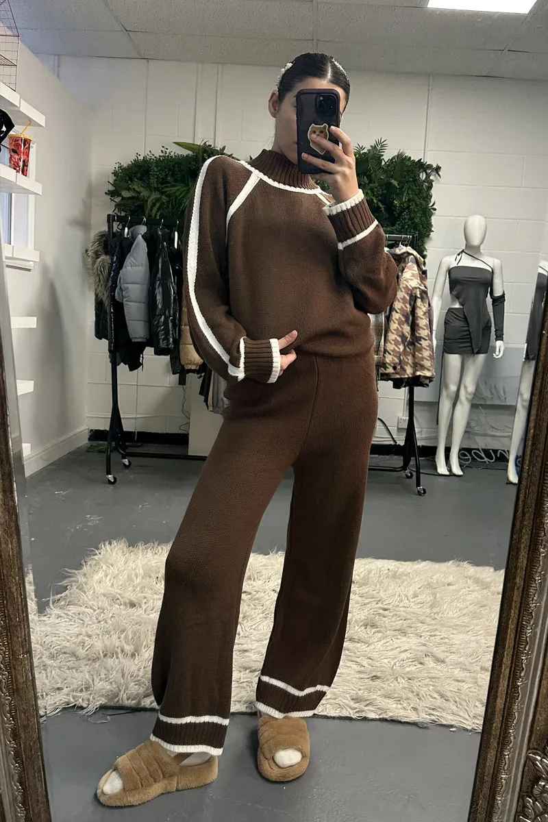 Brown Contrast Stitch knitted Co-ord Set - Lennon