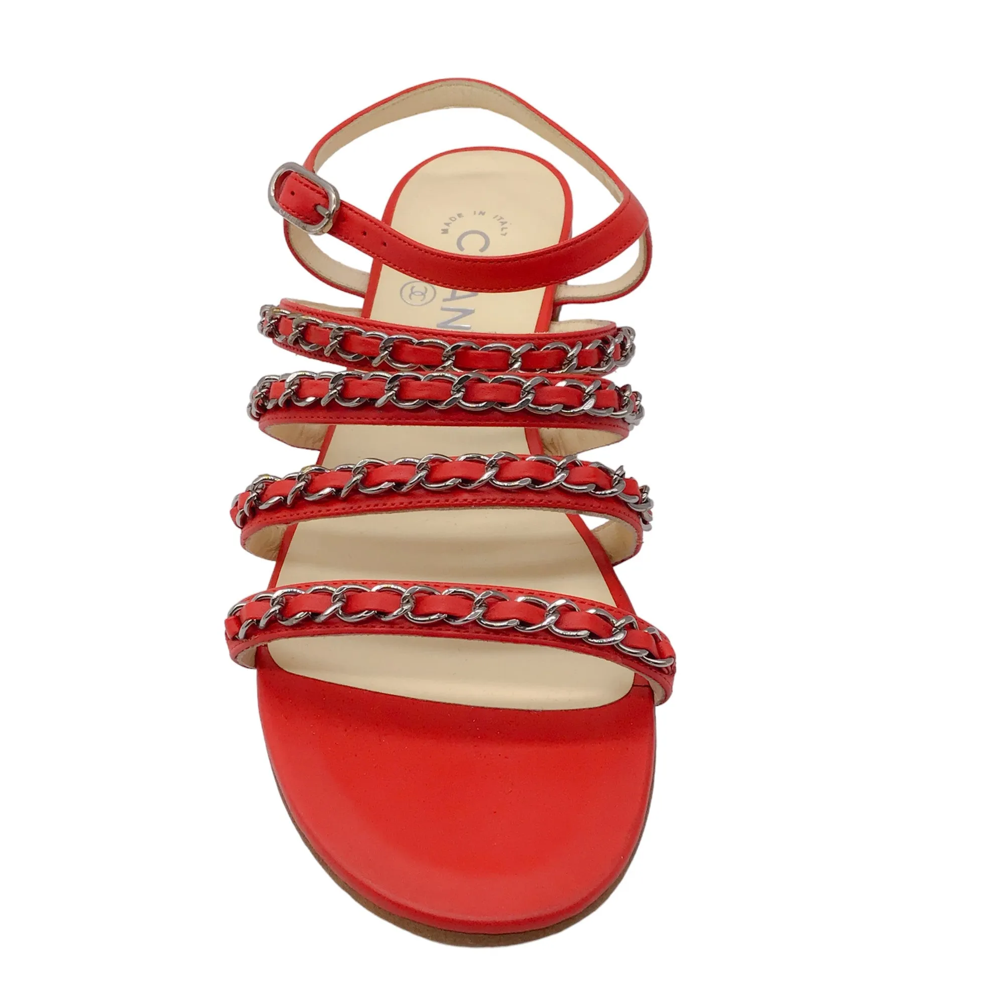 Chanel Red / Silver Chain Detail Lambskin Leather Sandals