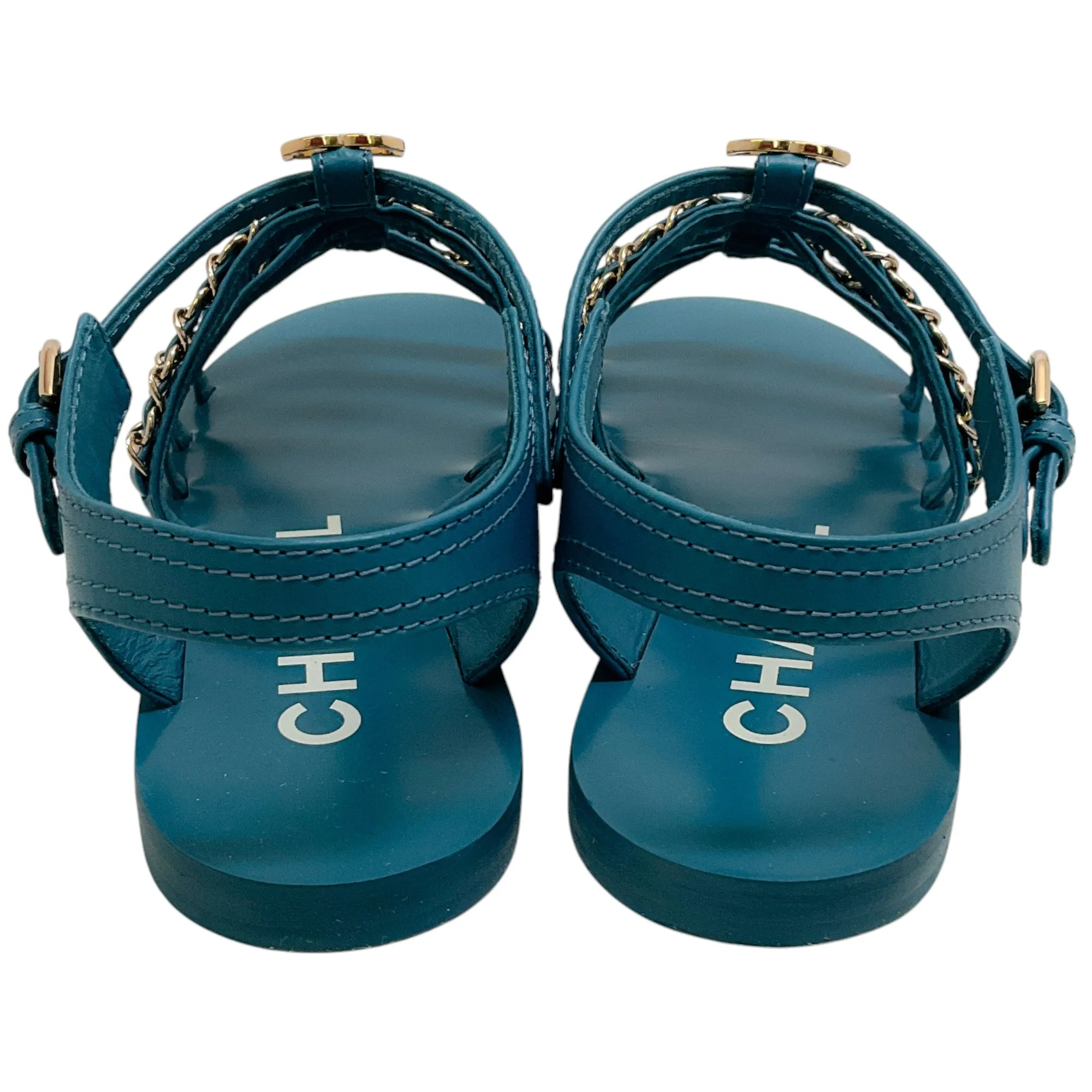 Chanel Teal Leather Flat Gladiator Sandals with Chain