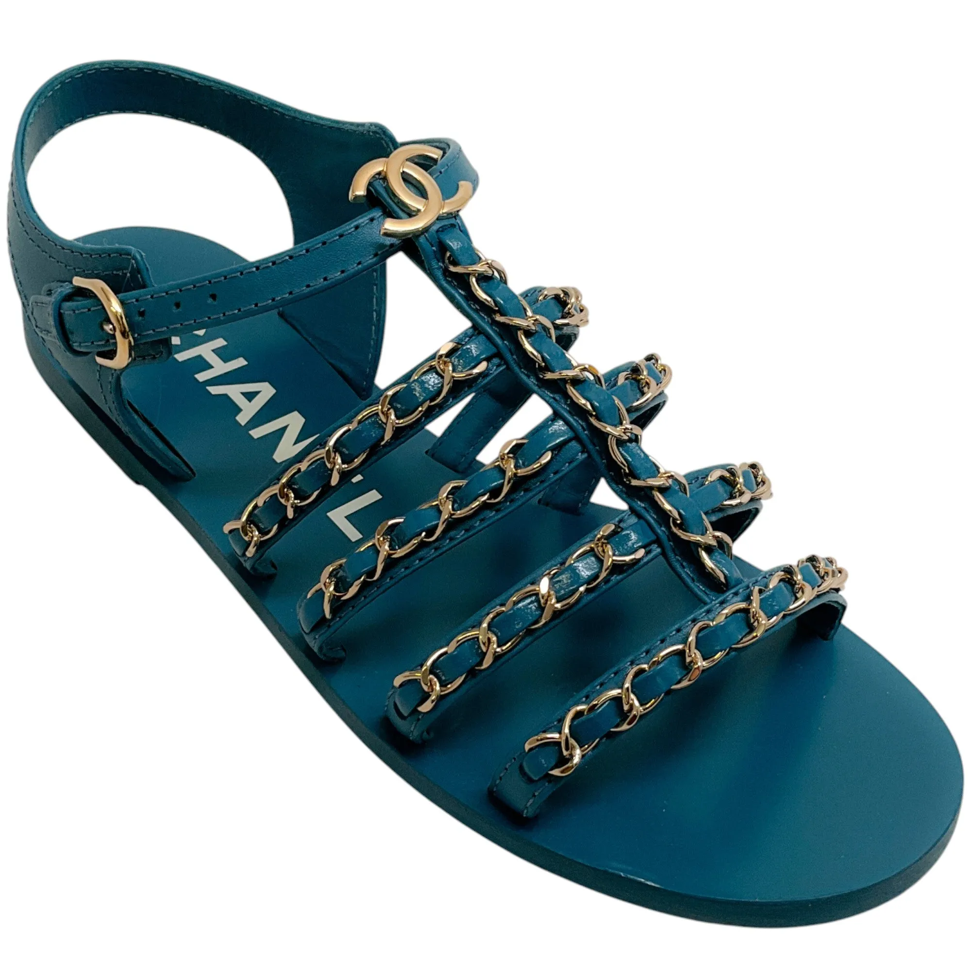 Chanel Teal Leather Flat Gladiator Sandals with Chain