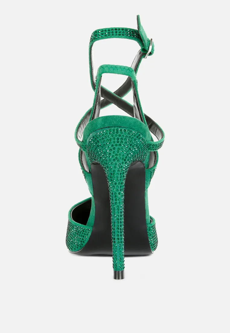 CHARMER Rhinestone Embellished Stiletto Sandals in Green