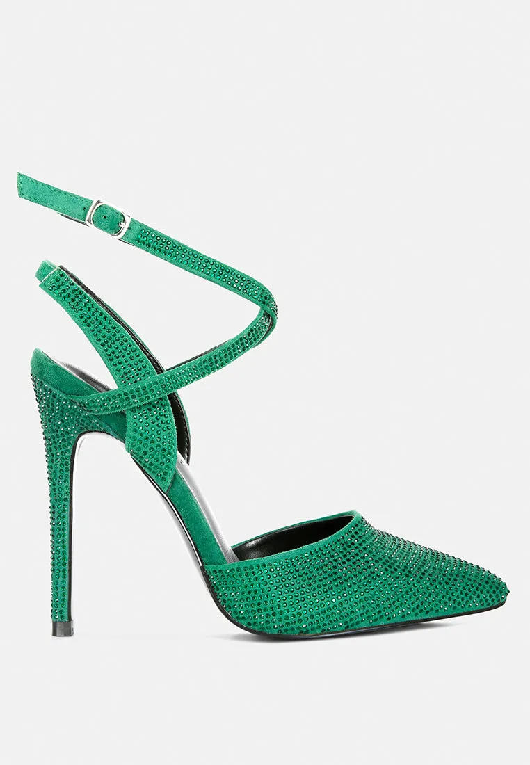 CHARMER Rhinestone Embellished Stiletto Sandals in Green