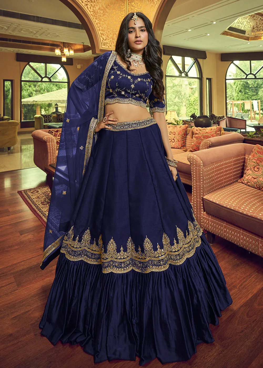 Charming Navy Blue Lino Silk Ruffle Party Wear Lehenga Choli