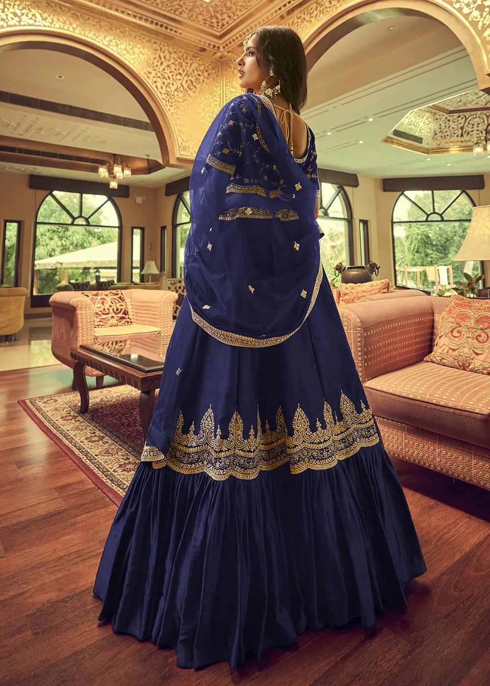 Charming Navy Blue Lino Silk Ruffle Party Wear Lehenga Choli