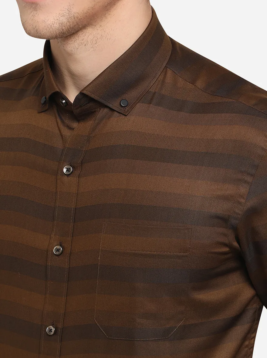 Coffee Brown Striped Slim Fit Formal Shirt | Greenfibre