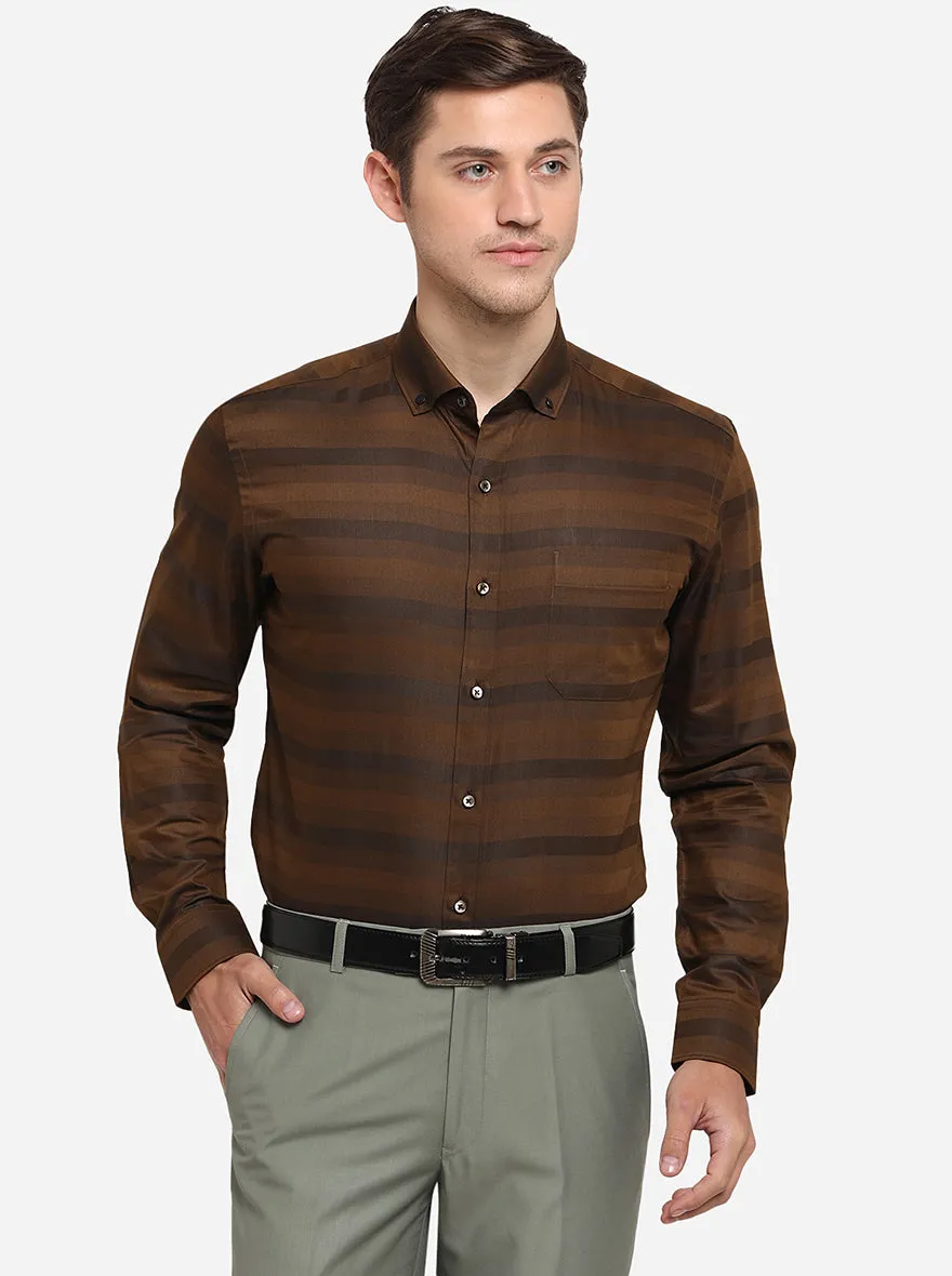 Coffee Brown Striped Slim Fit Formal Shirt | Greenfibre