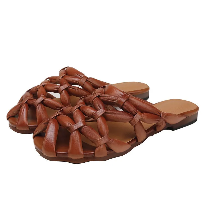 Comfy Leather Woven Sandals Soft Casual Slippers in Coffee