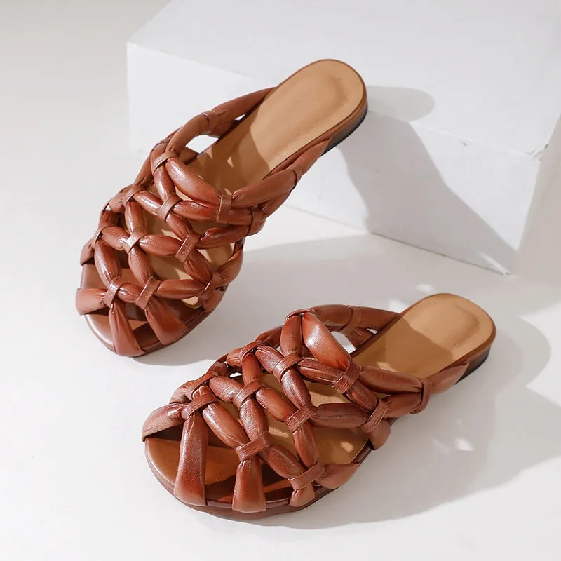 Comfy Leather Woven Sandals Soft Casual Slippers in Coffee