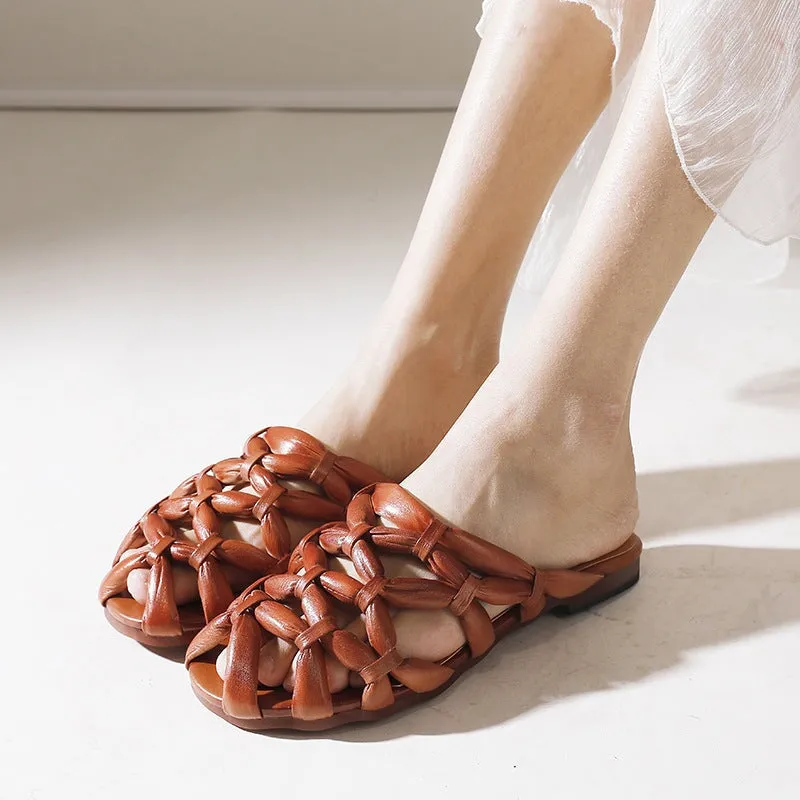 Comfy Leather Woven Sandals Soft Casual Slippers in Coffee