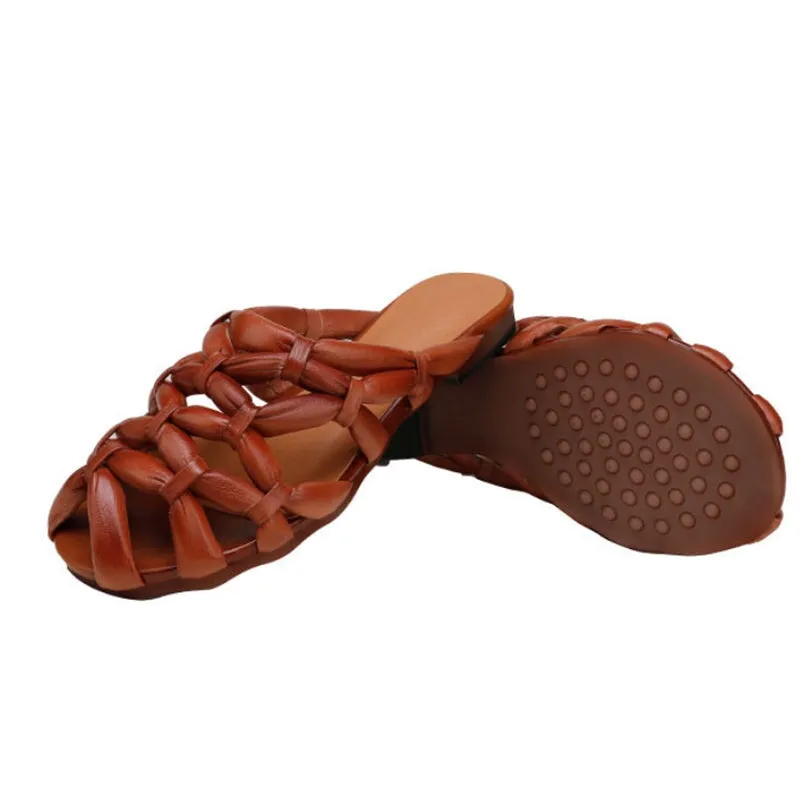 Comfy Leather Woven Sandals Soft Casual Slippers in Coffee