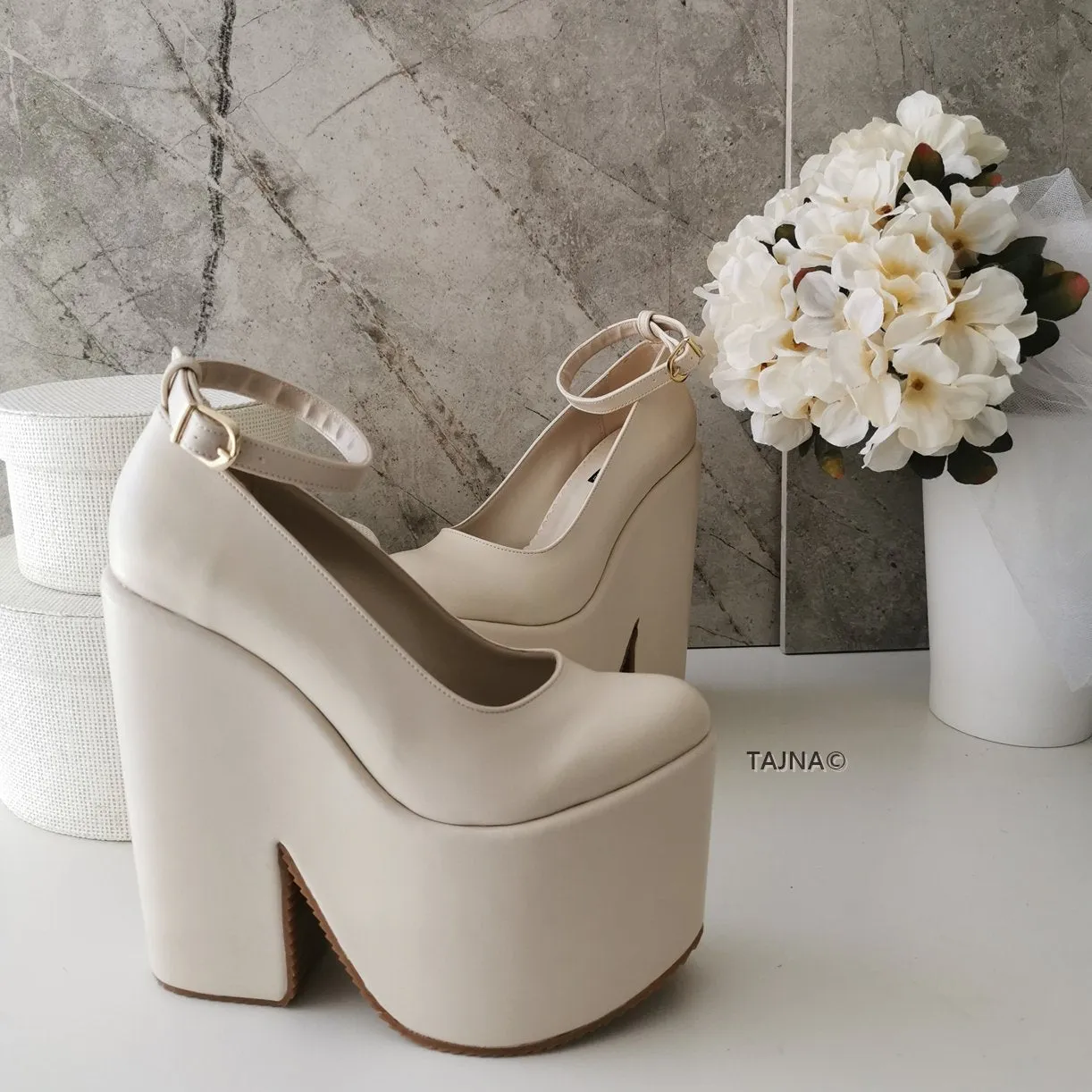 Cream Ankle Strap High Heel Wedges