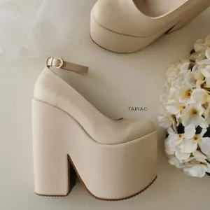 Cream Ankle Strap High Heel Wedges