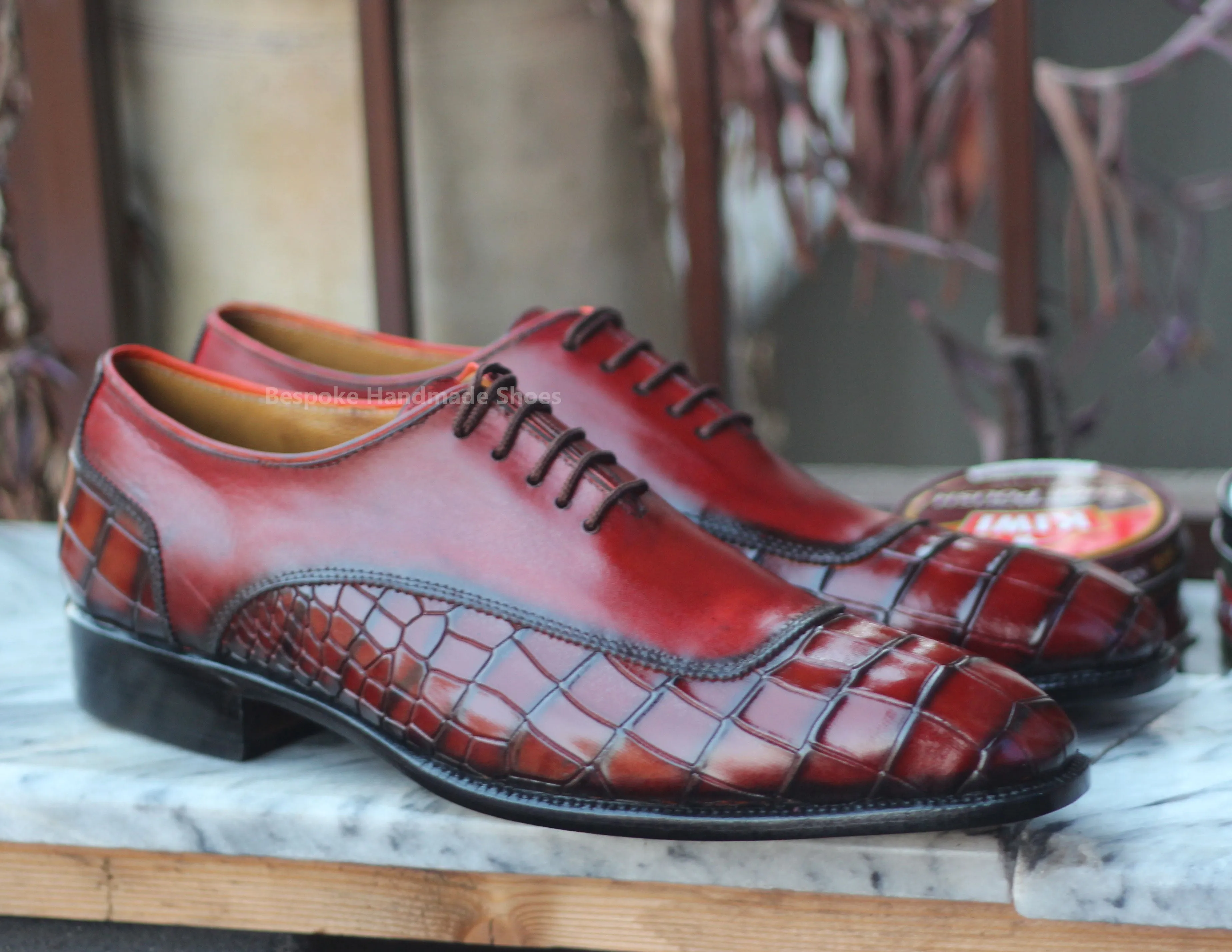 Custom Made Men's New Handmade Red Crocodile Leather Oxford Lace Up Dress Shoes